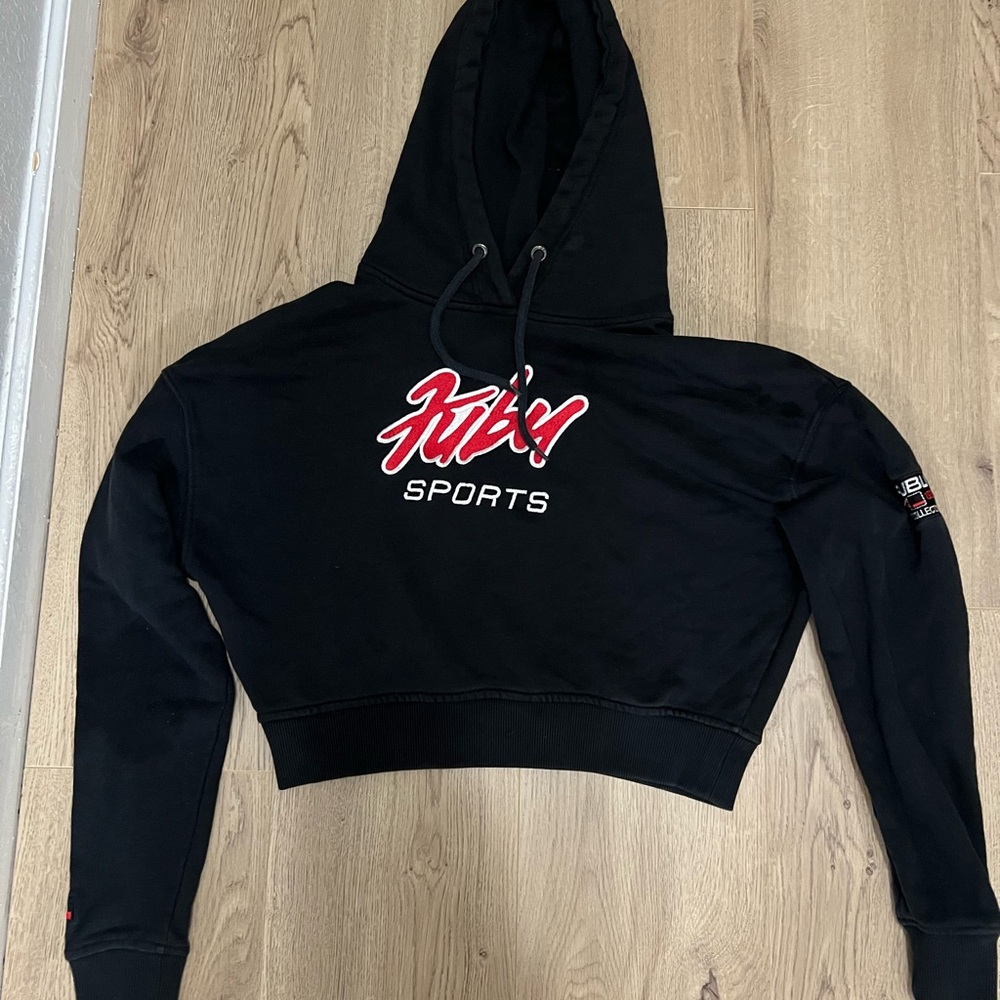 New Fubu black Sports Cropped Long Sleeve Pullover Hoodie Women's Retro size M